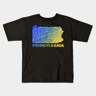 Colorful mandala art map of Pennsylvania with text in blue and yellow Kids T-Shirt